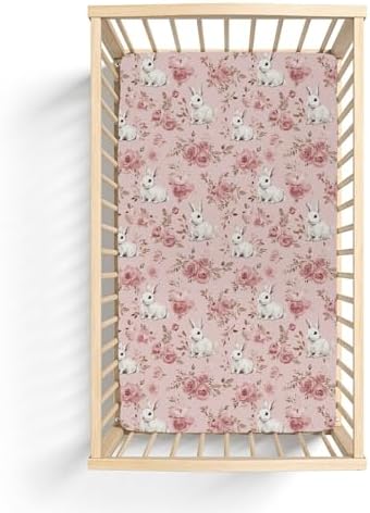Spring Bunnies Pink Roses Baby Crib Sheets 52x28Inch