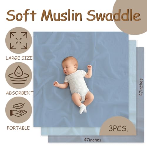 Breebleep Muslin Swaddle Blankets - 3 Pack 47x47 Inch Blue