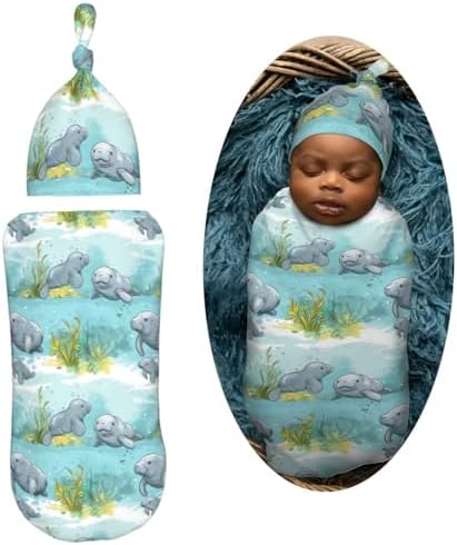 Muishi Ocean Florida Manatee Swaddle Blanket Hat Set