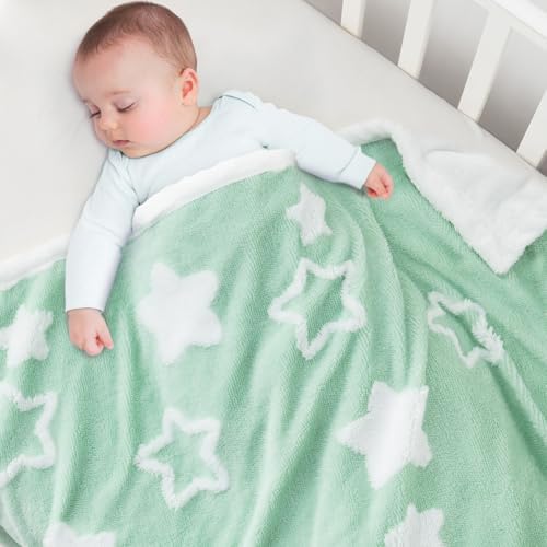 Reversible Star Jacquard Baby Blanket for Toddlers 33x43 Inches Green