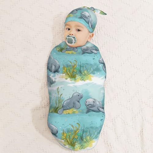 Muishi Ocean Florida Manatee Swaddle Blanket Hat Set