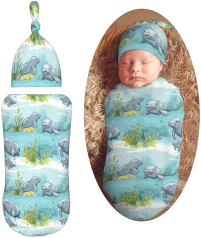 Muishi Ocean Florida Manatee Swaddle Blanket Hat Set