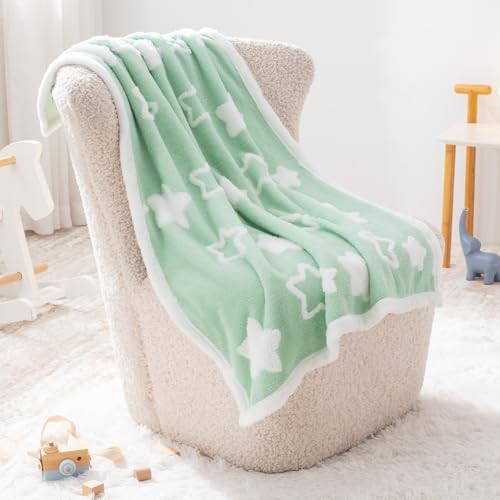 Reversible Star Jacquard Baby Blanket for Toddlers 33x43 Inches Green