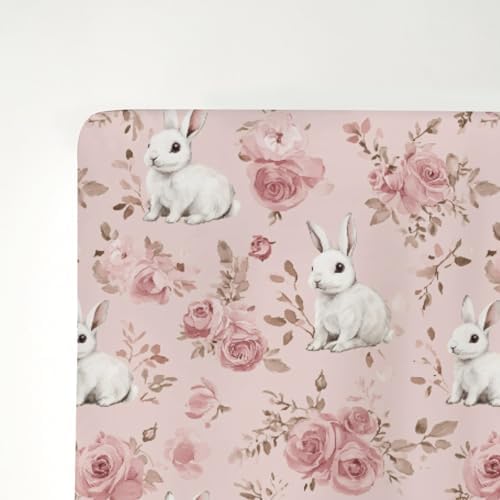 Spring Bunnies Pink Roses Baby Crib Sheets 52x28Inch