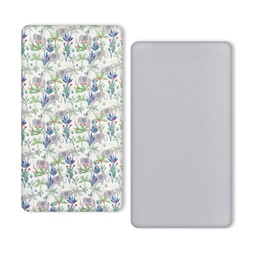 TILLYOU Muslin Crib Sheets 2 Pack Neutral Soft Cotton Rainforest Elephant Grey