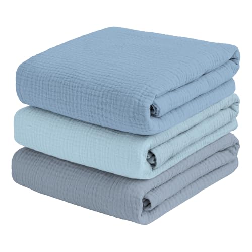 Breebleep Muslin Swaddle Blankets - 3 Pack 47x47 Inch Blue