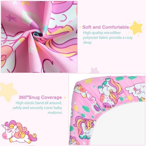 JISEN Fitted Crib Sheet 52x28 Inch Pink Unicorns