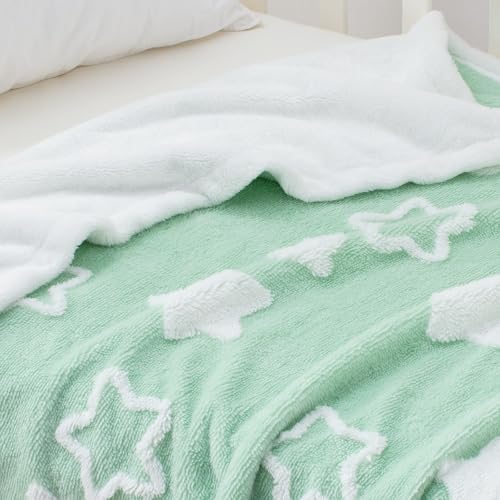 Reversible Star Jacquard Baby Blanket for Toddlers 33x43 Inches Green