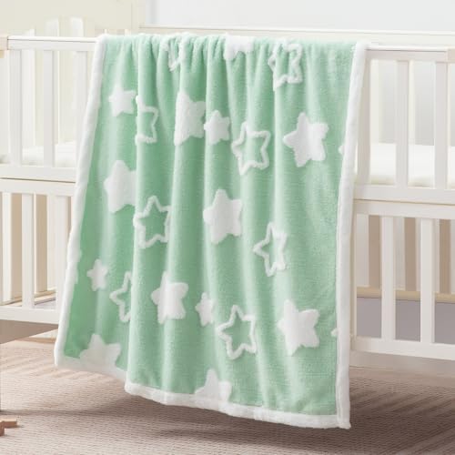 Reversible Star Jacquard Baby Blanket for Toddlers 33x43 Inches Green