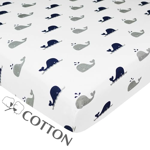 American Baby Company Natural Cotton Mini Crib Sheet 38 x 24 - Navy Whale