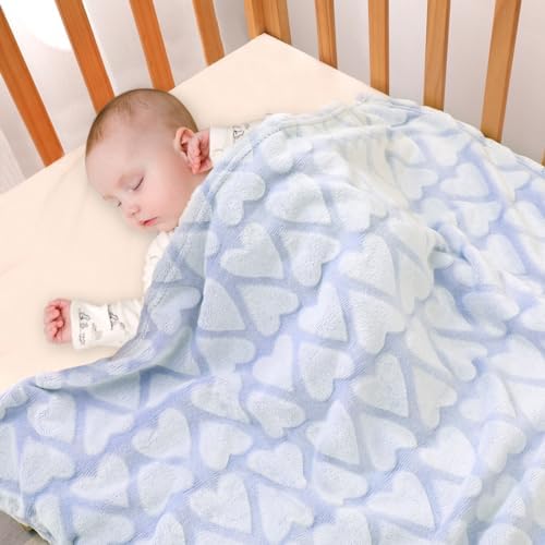 Bertte Plush Baby Blanket Sky Blue Hearts Embossed 33x43