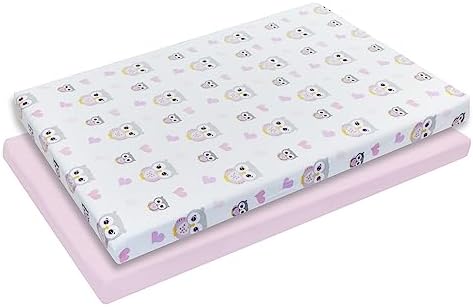 2 Pack N Play Mattress Sheets - Soft Percale Cotton with OwlHeart Designs