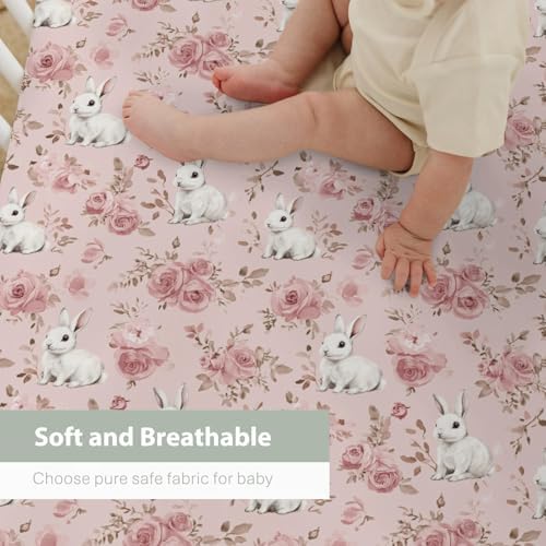 Spring Bunnies Pink Roses Baby Crib Sheets 52x28Inch