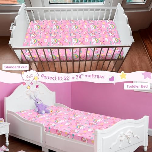 JISEN Fitted Crib Sheet 52x28 Inch Pink Unicorns