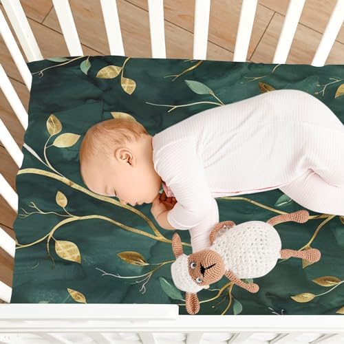 Wassud Gold Green Leaves Crib Sheets for Boys Girls
