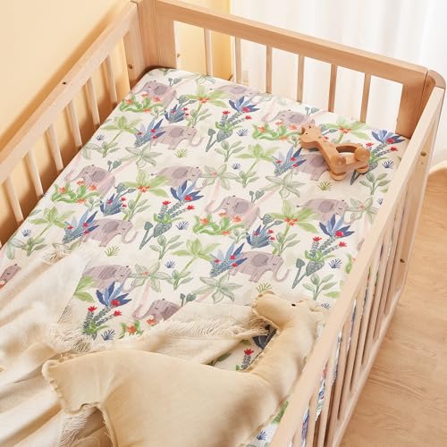 TILLYOU Muslin Crib Sheets 2 Pack Neutral Soft Cotton Rainforest Elephant Grey