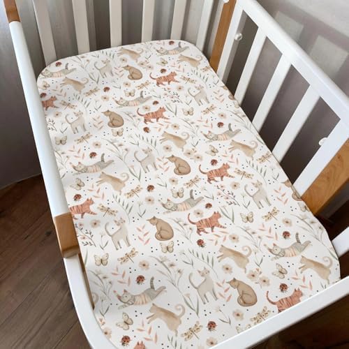 Cute Cat Boho Floral Crib Sheets 28x52 Inches 2 Pack