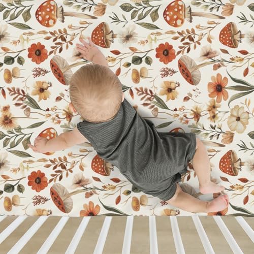 Boho Mushroom Floral Baby Crib Sheets 28x52 Inch