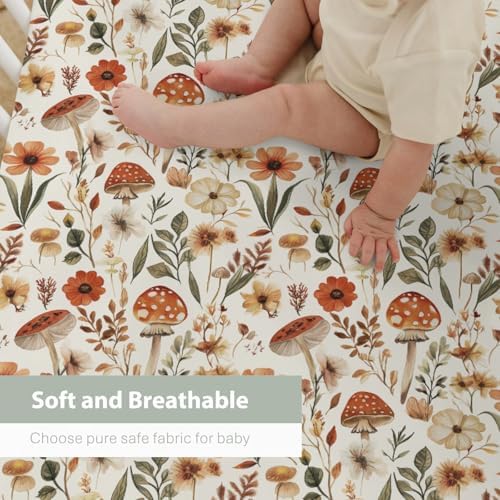 Boho Mushroom Floral Baby Crib Sheets 28x52 Inch