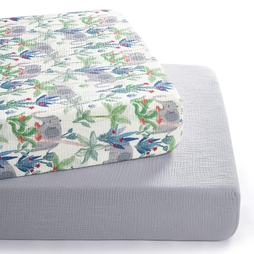 TILLYOU Muslin Crib Sheets 2 Pack Neutral Soft Cotton Rainforest Elephant Grey
