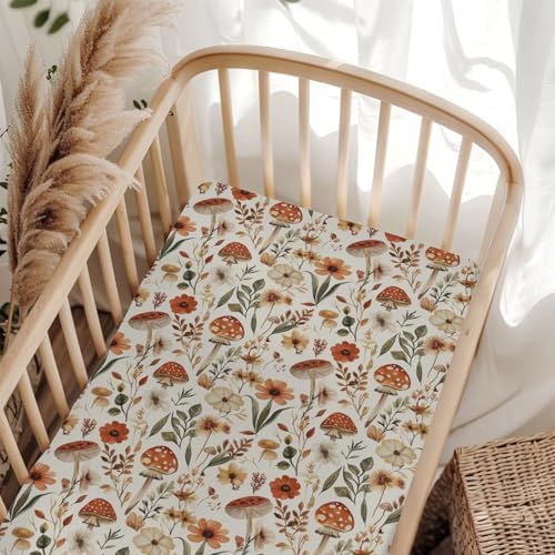 Boho Mushroom Floral Baby Crib Sheets 28x52 Inch