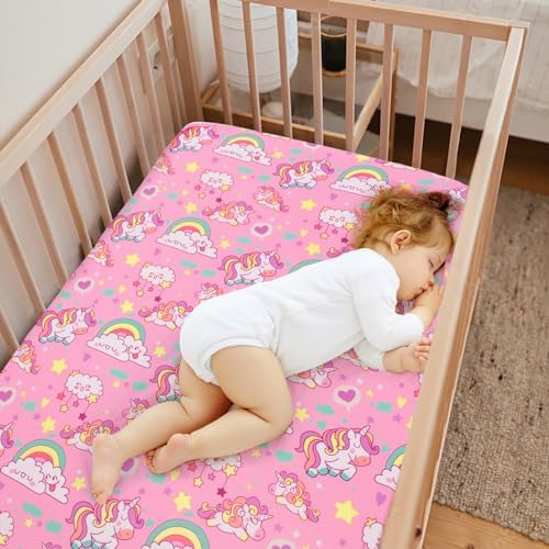 JISEN Fitted Crib Sheet 52x28 Inch Pink Unicorns