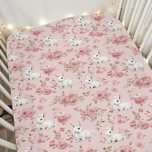 Spring Bunnies Pink Roses Baby Crib Sheets 52x28Inch