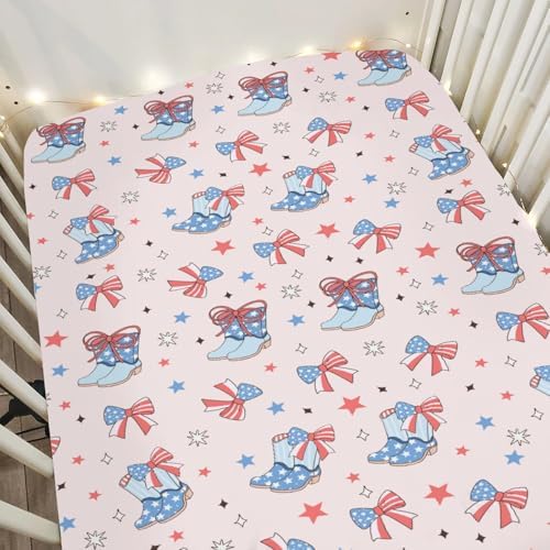 Pink July 4th Cowgirl Crib Sheets 52x28Inch