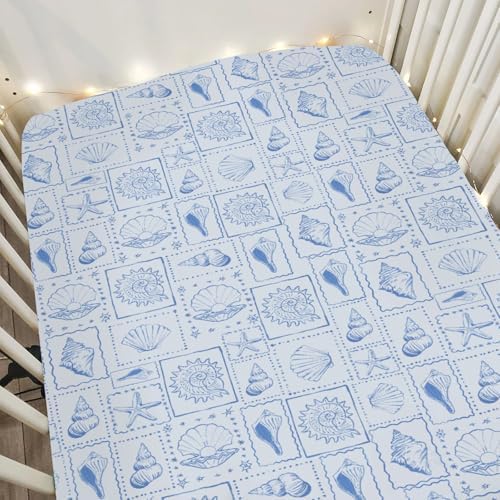 Blue Seashells Crib Sheets 52x28 Universal Fit