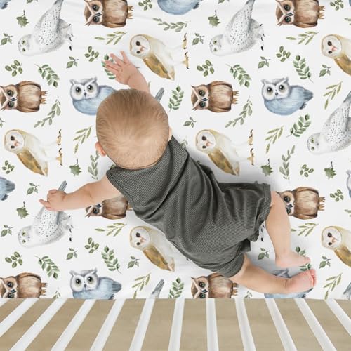 Watercolor Owls Boho Leaves Crib Sheet 28x52