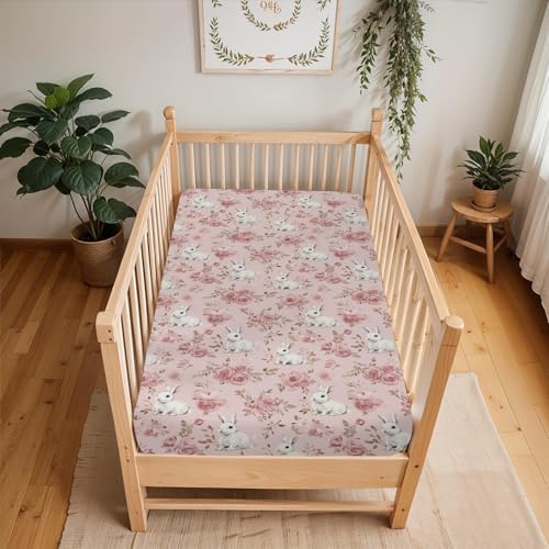 Spring Bunnies Pink Roses Baby Crib Sheets 52x28Inch