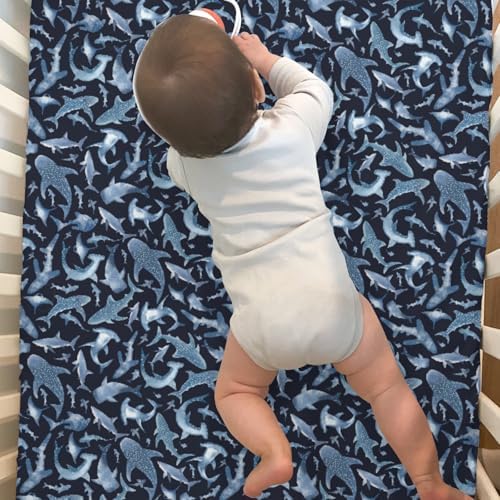 Blue Sharks Crib Sheets 2 Pack Navy Sea Shark Pattern Soft Fitted