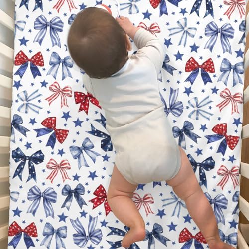 Patriotic Bows Stars Crib Sheets for Boy Girl 52x28 Inch 2 Pack