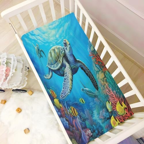 Jihqo Underwater Sea Turtle Crib Sheets for Baby 52x28 Inch