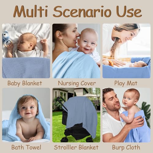 Breebleep Muslin Swaddle Blankets - 3 Pack 47x47 Inch Blue