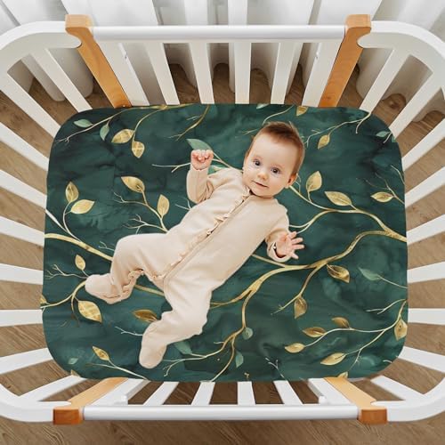 Wassud Gold Green Leaves Crib Sheets for Boys Girls