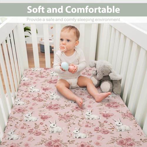 Spring Bunnies Pink Roses Baby Crib Sheets 52x28Inch