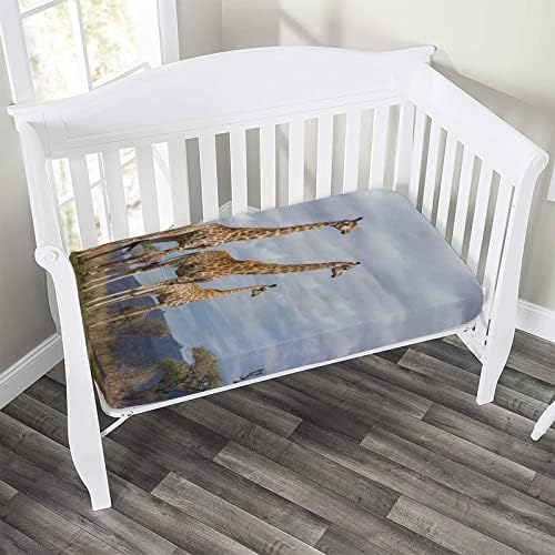 XISUNYA Wildlife Giraffe Crib Sheet Set Tan Blue 28x52