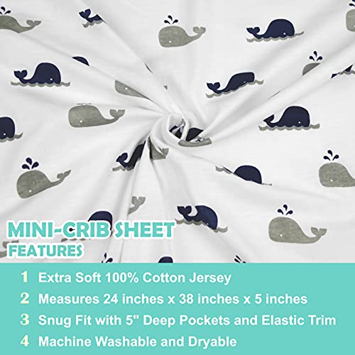 American Baby Company Natural Cotton Mini Crib Sheet 38 x 24 - Navy Whale