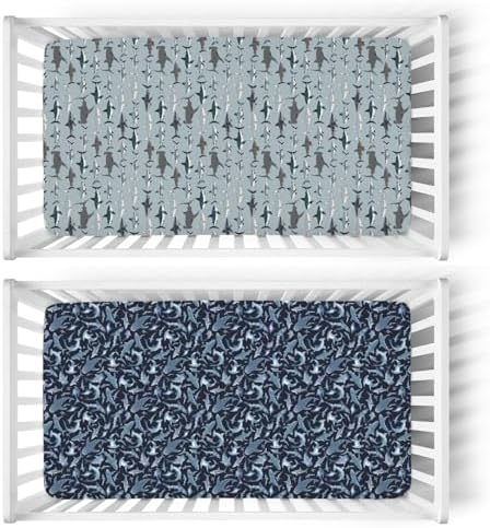 Blue Sharks Crib Sheets 2 Pack Navy Sea Shark Pattern Soft Fitted