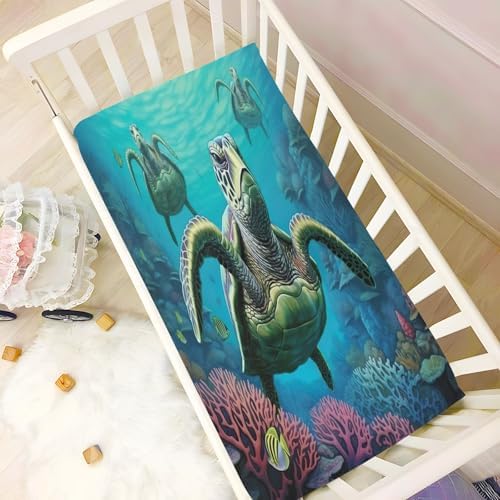 Jihqo Underwater Sea Turtle Crib Sheets for Baby 52 x 28