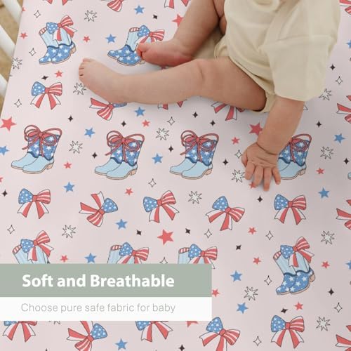 Pink July 4th Cowgirl Crib Sheets 52x28Inch