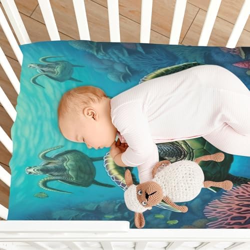 Jihqo Underwater Sea Turtle Crib Sheets for Baby 52 x 28