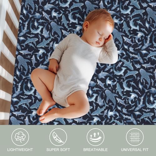 Blue Sharks Crib Sheets 2 Pack Navy Sea Shark Pattern Soft Fitted