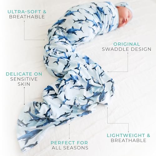 Posh Peanut Swaddle Blanket Beanie - Sharks Pattern