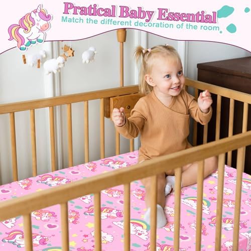 JISEN Fitted Crib Sheet 52x28 Inch Pink Unicorns