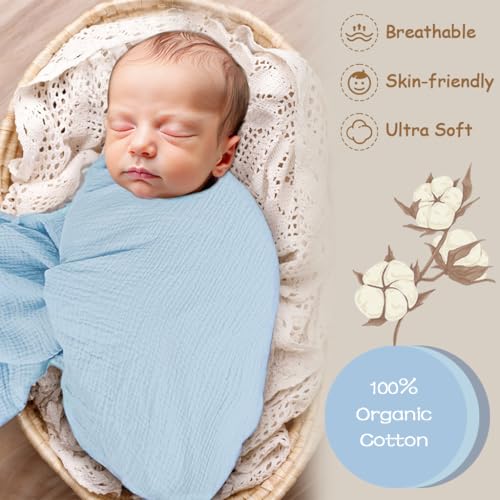 Breebleep Muslin Swaddle Blankets - 3 Pack 47x47 Inch Blue