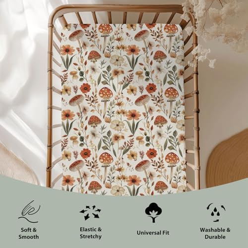 Boho Mushroom Floral Baby Crib Sheets 28x52 Inch