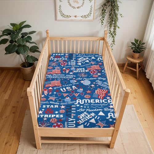 Blue Patriotic 4th of July Quote Crib Sheets