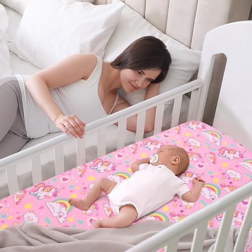 JISEN Fitted Crib Sheet 52x28 Inch Pink Unicorns